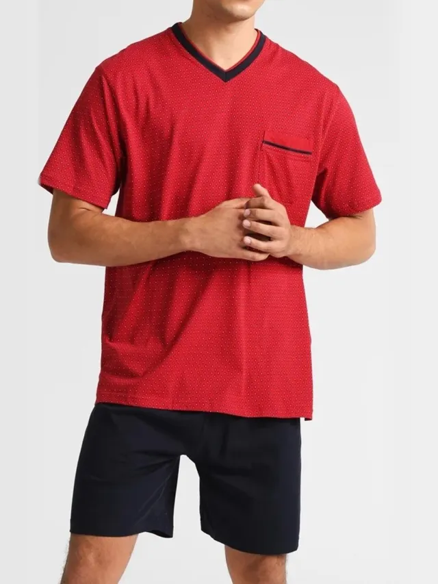 Götzburg Gotzburg heren shortama - V-hals - rood met blauw en wit dessin