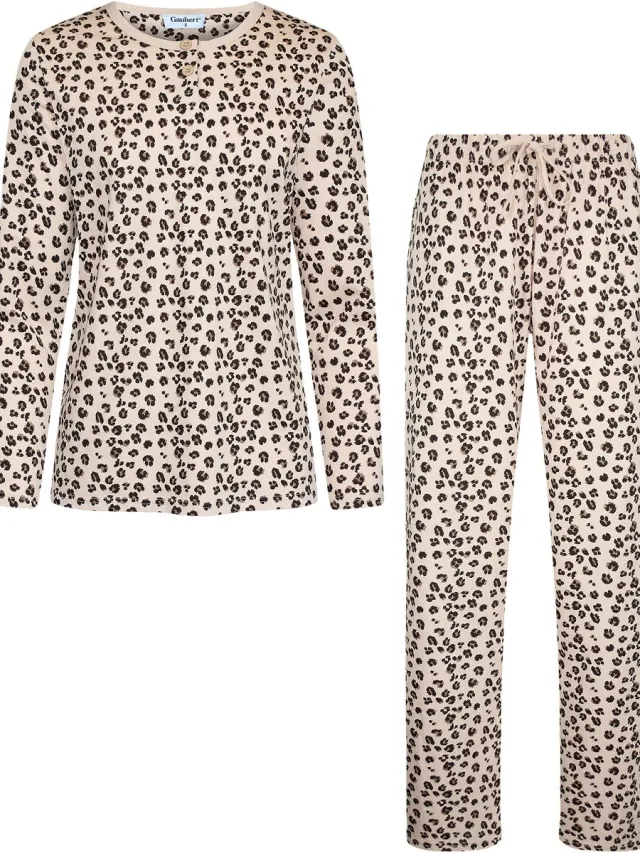 GAUBERT Essential Dames Pyjama Lange Mouw - Broek met Zakken - Premium Gekamd Katoen - Panterprint - Beige - GB-2811 Lange Mouw Pyjama, Beige, Panterprint