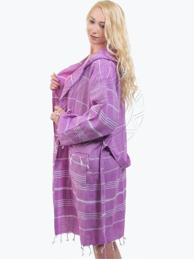 Tavas Badjas dames katoen met capuchon ochtendjas dames Hamam Sauna Badjas - Paars