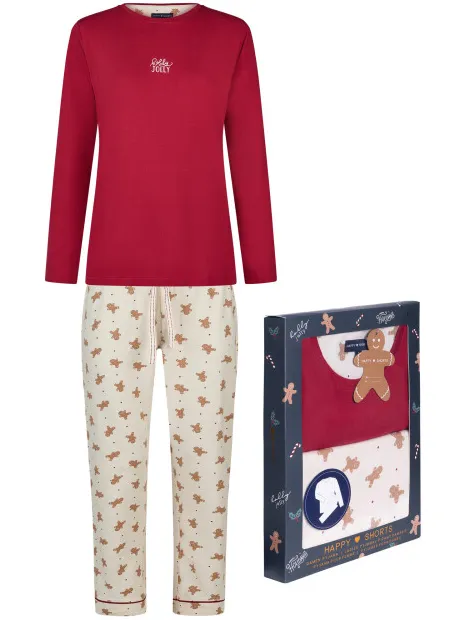 happy shorts Dames kerst pyjama set shirt + broek giftbox rood/off-white gingerbread Veelkleurig