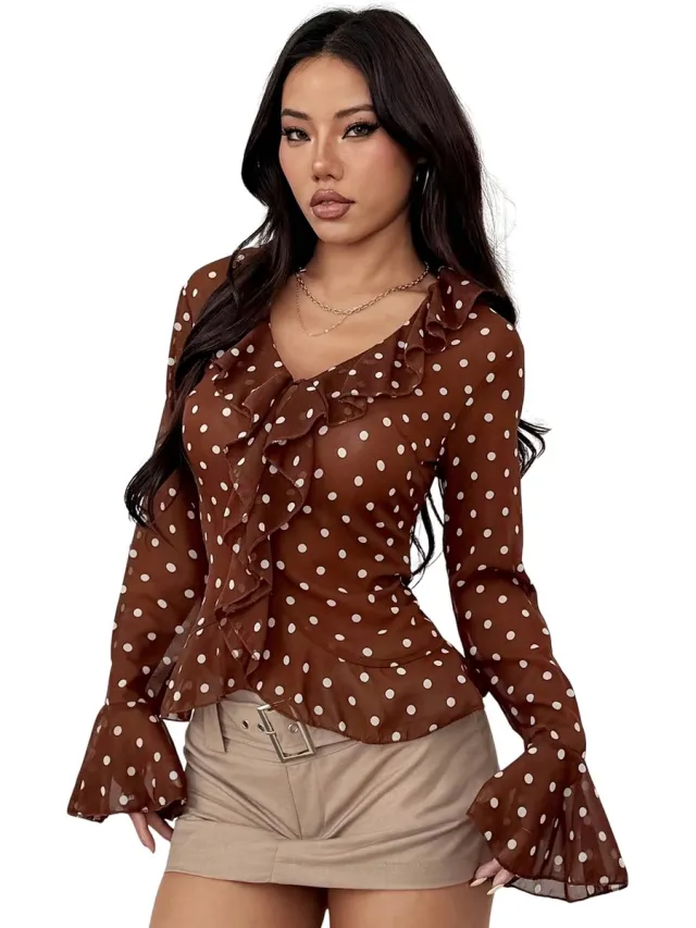 Currero Topje Dames Polkadots - Mouwloze Top - Singlet - Kleding - Shirt - Blouse - Kort - Volwassen - Koffie