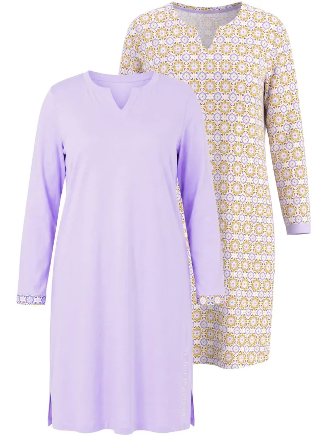 Ulla Popken Dames - Bigshirts 2-pack tuniekhals lange mouw - Zachtlavendel - Maat 62+