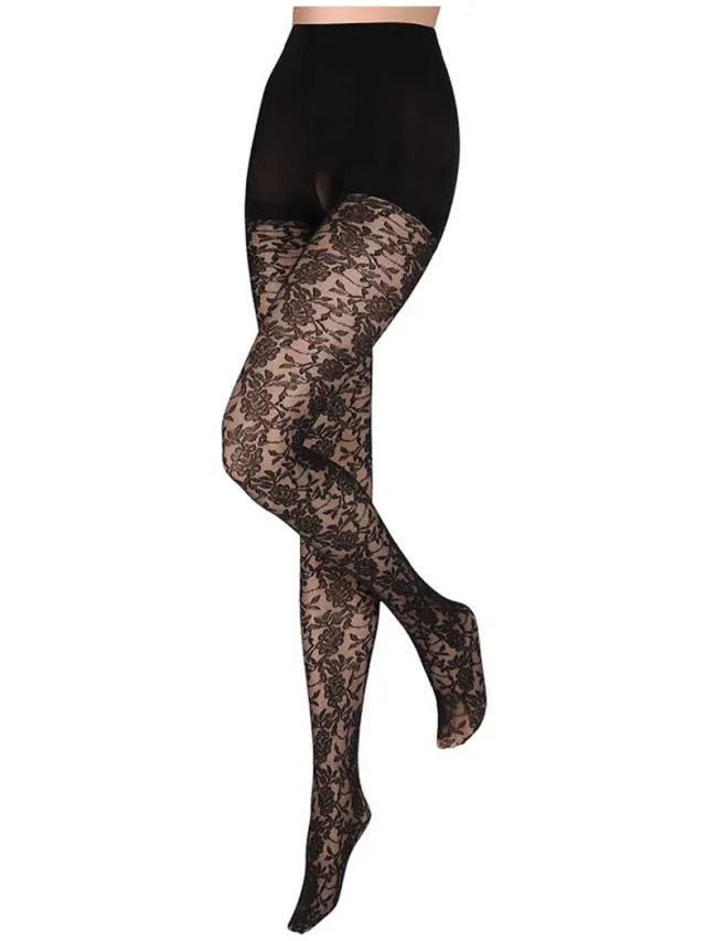 Sarlini Zwarte Dames panty met bloemendessin | 40 Denier