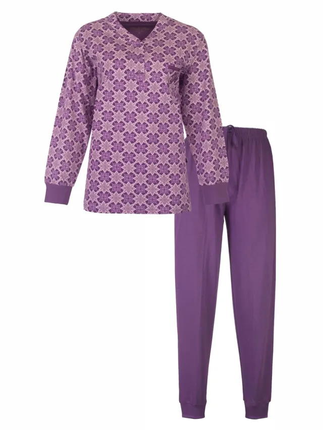 Medaillon Dames Pyjama - Lange Mouwen - Katoen - Lila Paars