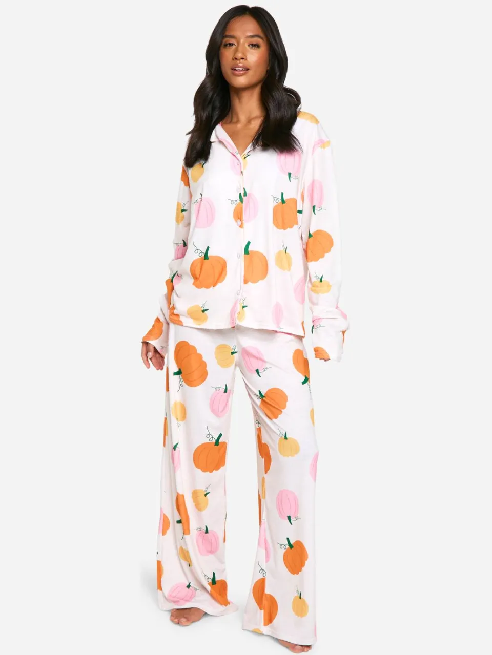 boohoo Dames Petite pyjama set met pompoenprint oranje, foto 3