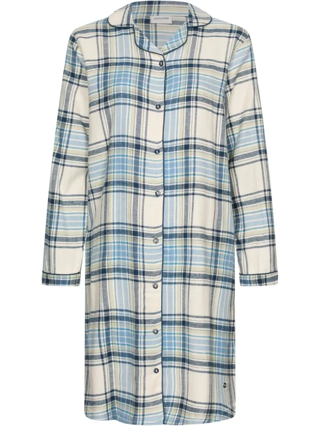 Pastunette Nachthemd - Frosty Checks - Flanel Katoen - Doorknoop - Blauw - Geruit