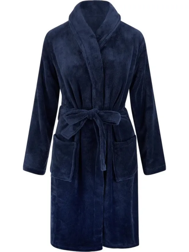 Relax Company Fleece Badjas Dames & Heren - Sjaalkraag - Donkerblauw marineblauw