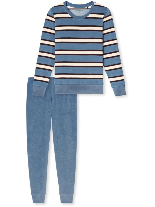Schiesser badstof dames pyjama met boordjes - Streep - Casual Essentials - 42 - Blauw
