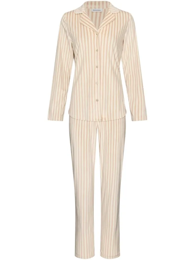 Pastunette Softness - Pyjama - Doorknoop - Velours Fleece - Beige - Gestreept