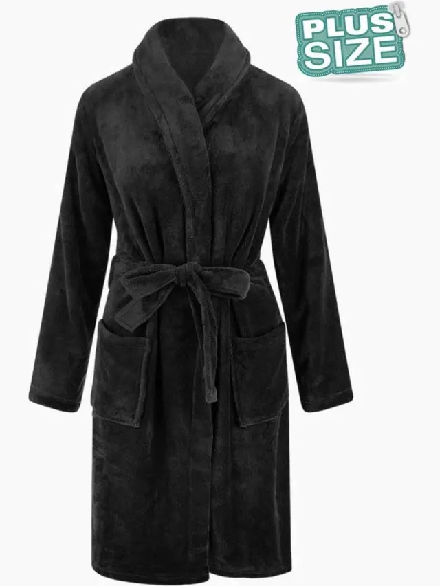 Relax Company Grote maten badjas unisex- sjaalkraag badjas van fleece - Plus size - dames badjas - heren badjas - zwart 5XL/6XL