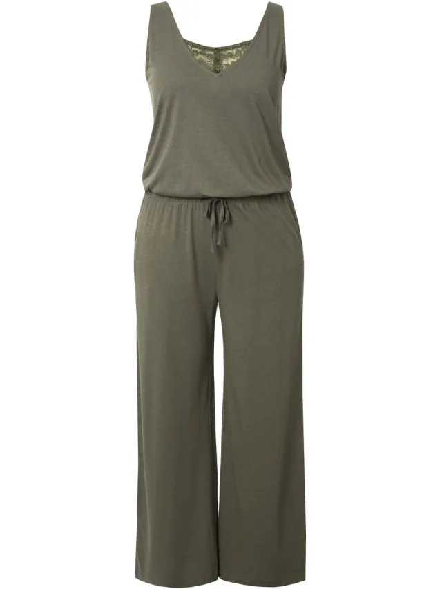 Ulla Popken Dames - Jumpsuit kant V-hals mouwloos - Olijfgrijs - Maat 58+