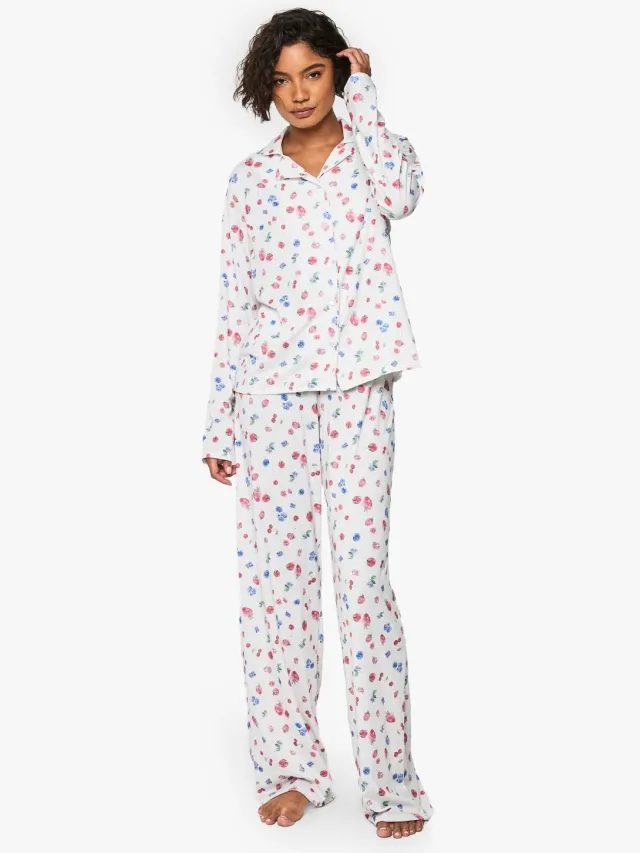 boohoo Dames Hoge Fruitprint Pyjama Set met Lang Mouw Overhemd en Broek voor Lange Personen Wit