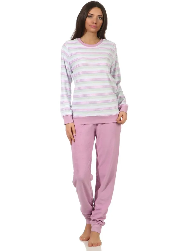Normann Damesbadstofpyjama met manchetpyjama in een stijlvolle streeplook - 202 201 13 362 lila