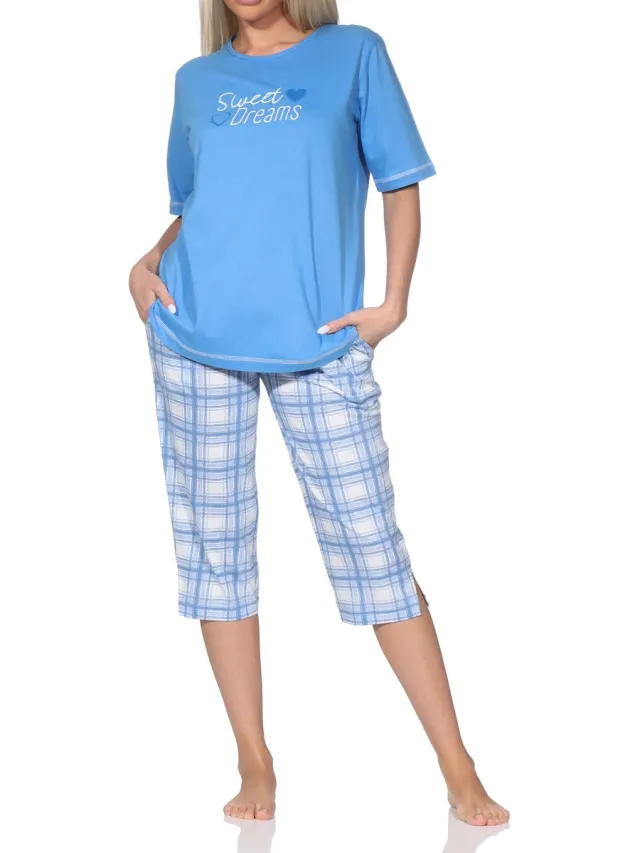 Normann damespyjama met geruite jersey capri pyjamabroek - ook in grote maten blau