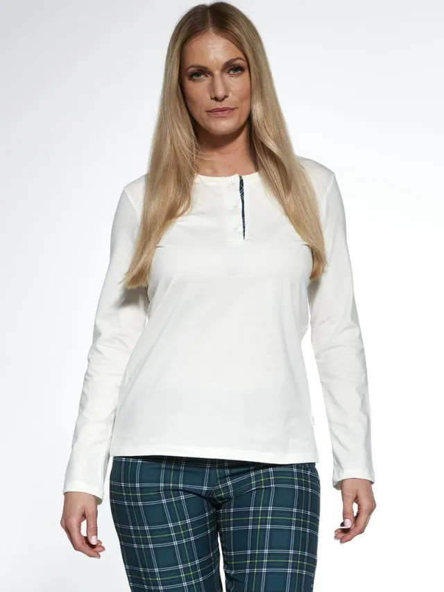 Cornette Katoenen Matching Pyjama Dames Volwassenen Lange Mouw Lange Broek Nelly 763/350 Wit