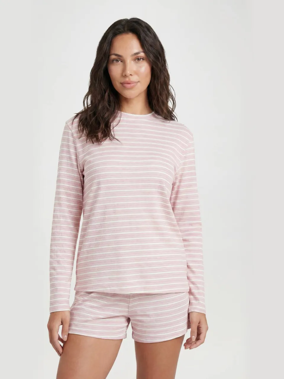boohoo Dames Geribde Gestreepte Pyjama Set Met Lange Top & Korte Broek roze, foto 2