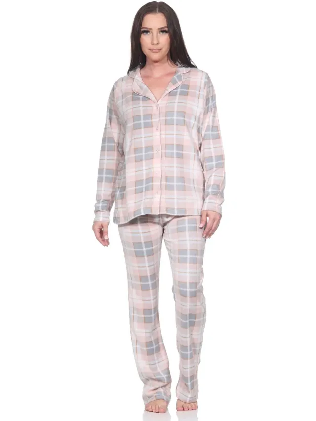 Normann fleece damespyjama in elegante ruitjeslook, doorknoopbaar rosa