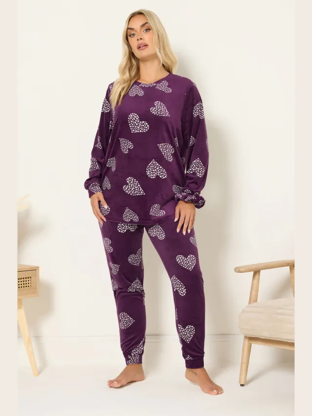 Yours Bordeauxrode Fleece Pyjamaset Met Hartprint En Scrunchie-56 Red