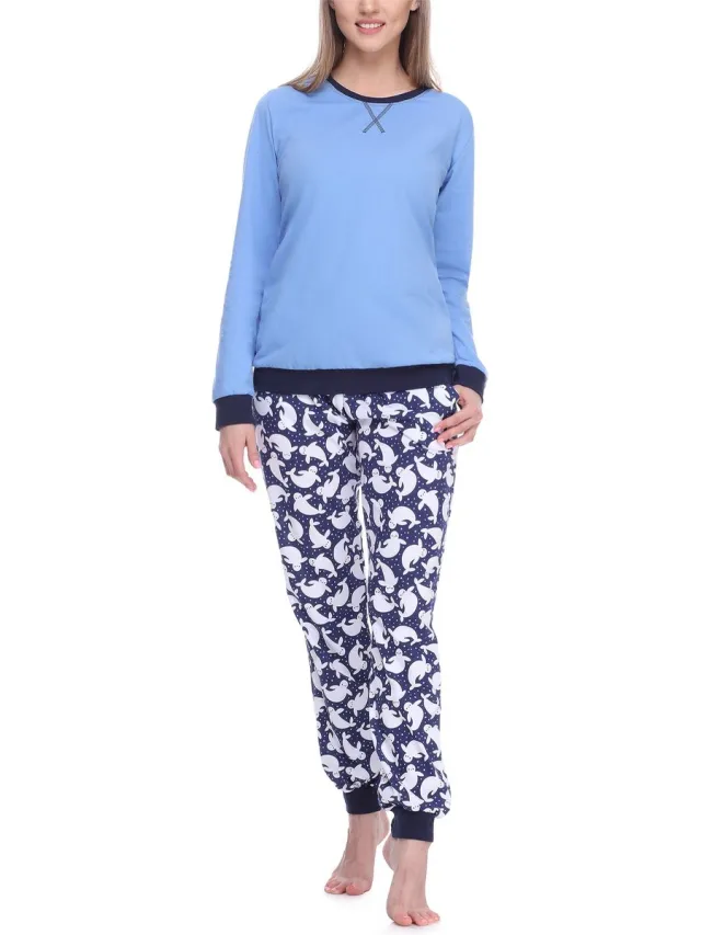 Merry Style MS-MS10-168-PJ Dames Pyjama - ronde hals - lange mouwen - lange broek met zakken - Katoen - Blauw/Witte Zeehond