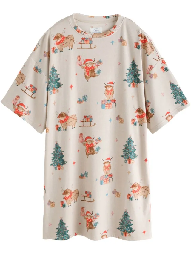 Next Dames - Matching Family nachthemd met kerstmotief - Crème