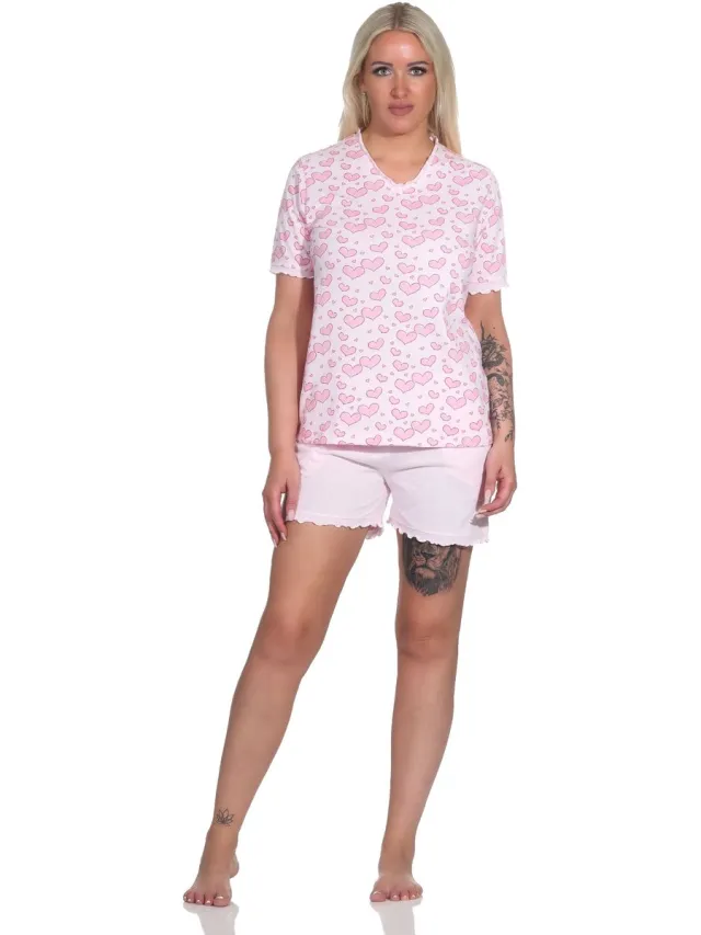 Normann Dames Korte Mouw Shorty Pyjama in Hartmotief Optiek - Ook in Oversizes rosa