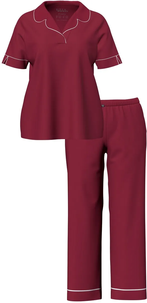 Ulla Popken Dames - Pyjama sierpaspels reverskraag korte mouw - Purperrood - Maat 42+