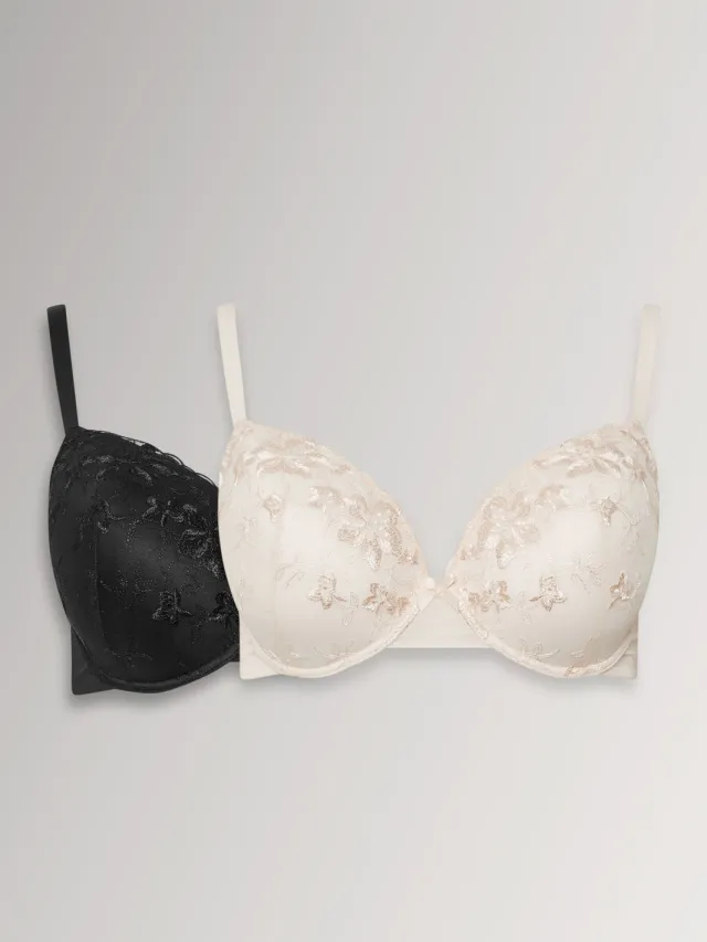 Yours 2 Pack Voorgevormde Bh's Met Geborduurd Bloemenkant In Zwart/Wit, foto 2