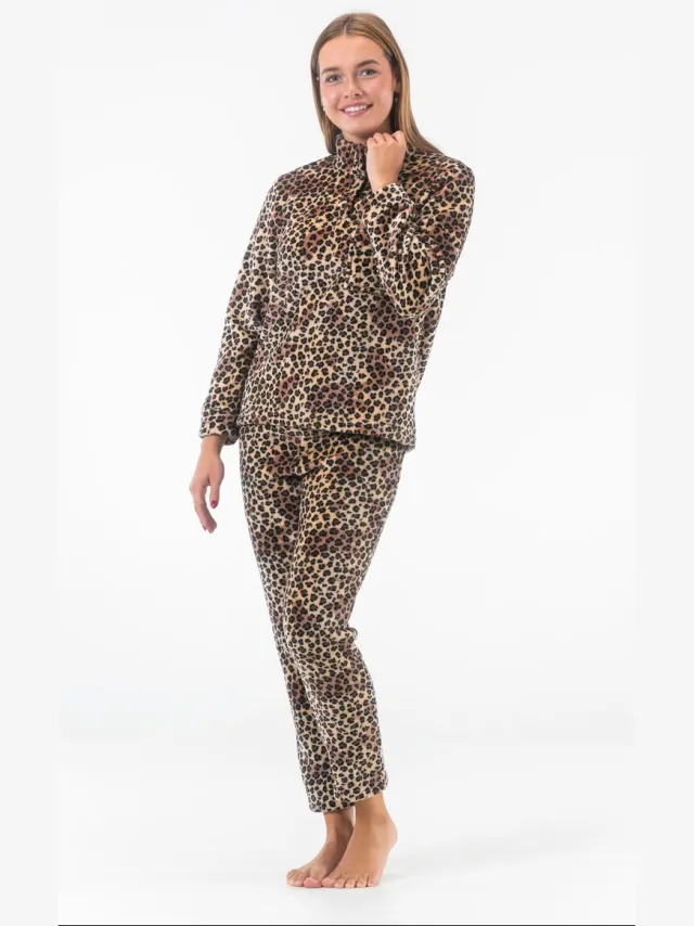 GAUBERT Dames Fleece Huispak en Pyjama - Hoge Kraag met Knopen - Full Panterprint - Superzacht Fleece - Beige - 2506 Hoge Kraag, Panterprint