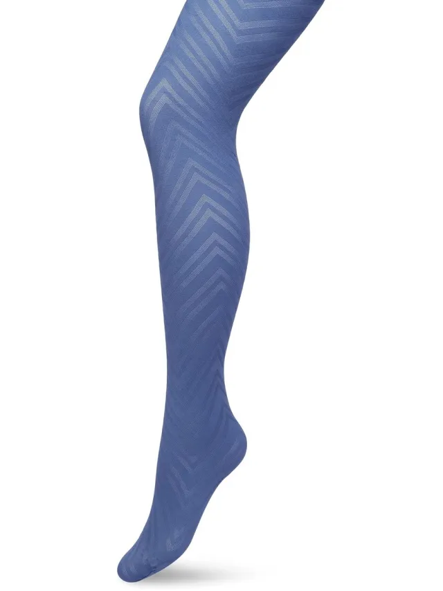 Bonnie Doon Dames Zigzag Panty 70 Denier Blauw - Chique Panty - Zigzag Strepen Dessin - Brede Boord - Comfort - Streepjes Print - Gestreept - Zigzag Tights - Feestelijk - Blue Ashes - BP211906.146