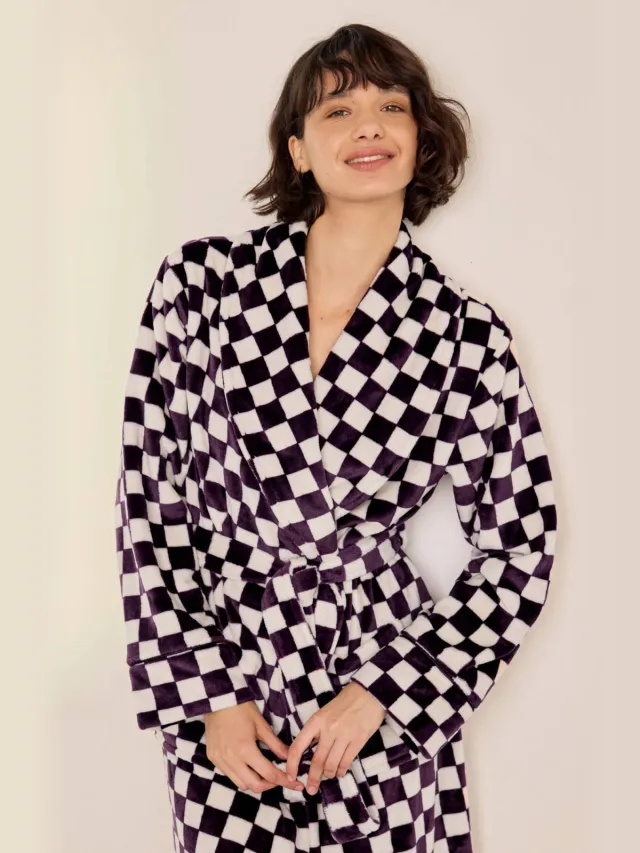 Chelsea Peers fleece geruite badjas - donkerpaars/wit