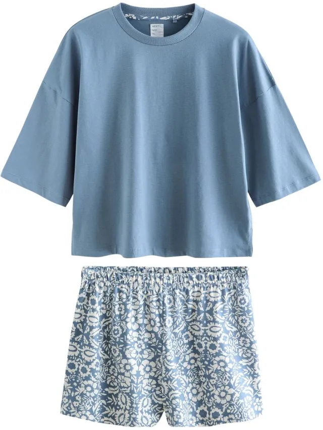 Next Dames - Katoenen pyjama met short - Blauw Blue Floral