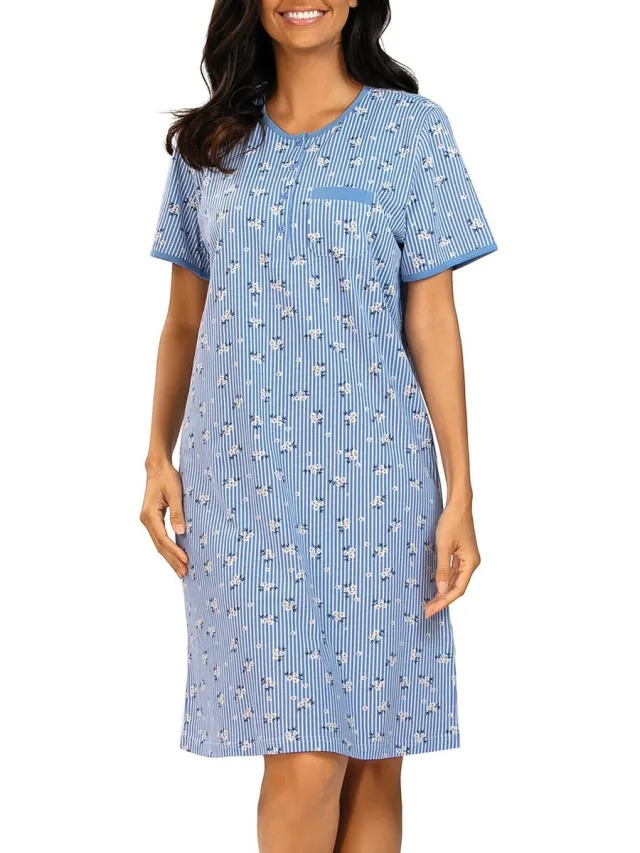 Comtessa Dames Nachthemd Korte Mouw – Blauw Gestreept Bloemen - 100 cm - 100% Katoen blauw, gestreept. bloemenprint