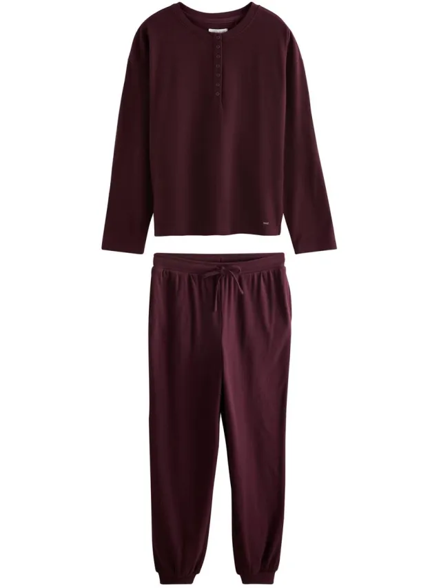Next Dames - Behaaglijke Henley-pyjama van wafelstof met lange mouwen - Rood Burgundy Red