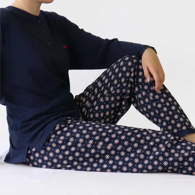 Medaillon Dames Pyjama - Polo Sluiting - Navy Blauw