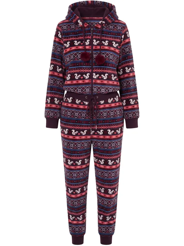 Ulla Popken Dames - Loungewear-overall Noors patroon capuchon lange mouwen - Donkerpruim - Maat 42+