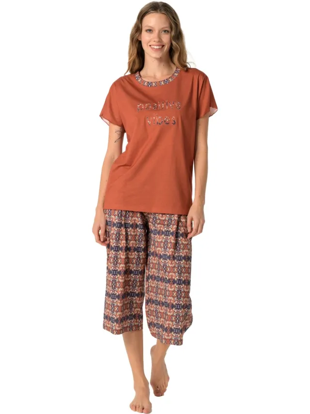 Pijadore Dames Pyjama Set, Korte Mouwen, Baksteen