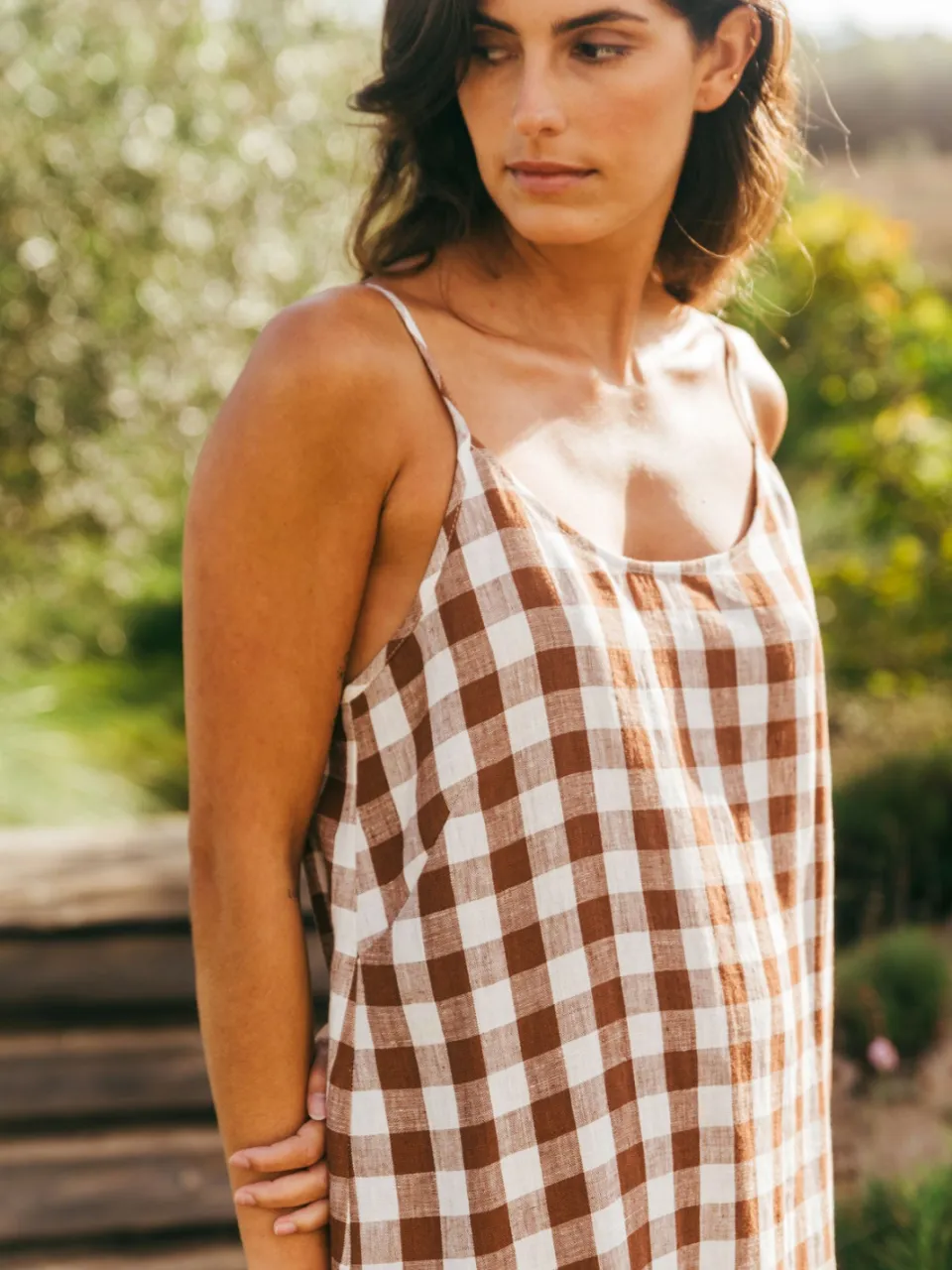 AmourLinen dames vegan Nachtjapon Dreamy Mokka Gingham bruin, foto 2