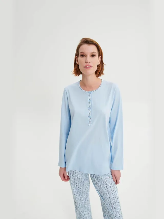 Vamp! Katoenen Pyjama Dames Volwassenen | Lange Mouw Lange Broek | Grote Maten | Blue Silver 19481 Blauw