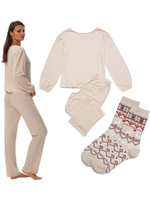 ESOTIQ Janna - Damespyjamaset met wintersokken - Zacht - Beige Beige;Meerkleurig