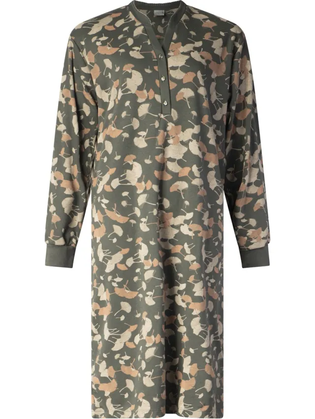 Lunatex warm dames nachthemd 224188 - aangeruwd interlock - green flower print print groen