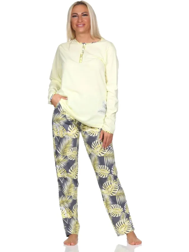 Normann Dames Pyjama met Lange Mouw en Broek in Bloemenprint - Ook in Oversizes gelb