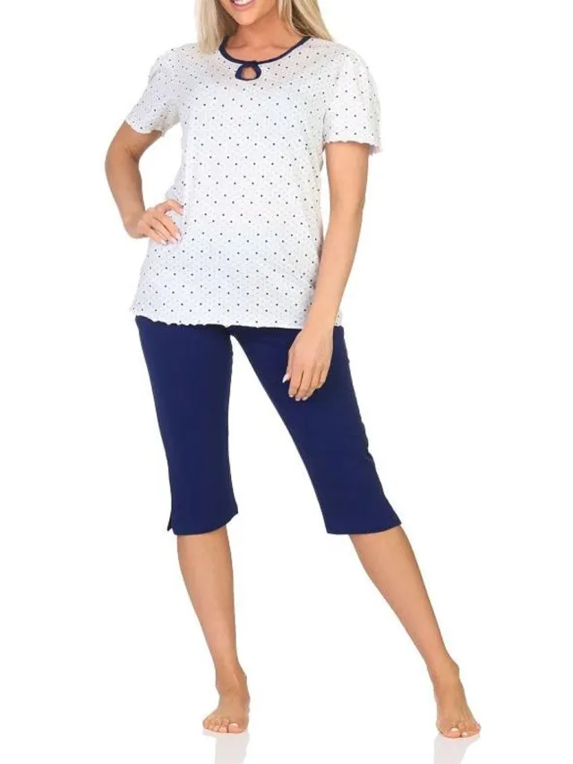 Normann dames capri pyjama met korte mouwen in stippenlook - ook in grote maten marine
