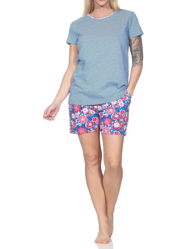 Normann damespyjama Shorty met korte mouwen, gestreepte top - ook in grote maten marine