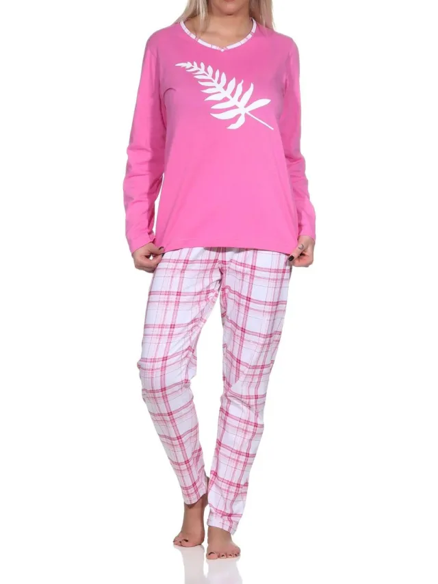 Normann Damespyjama met lange mouwen in leuke kleuren met ruitmotief roze