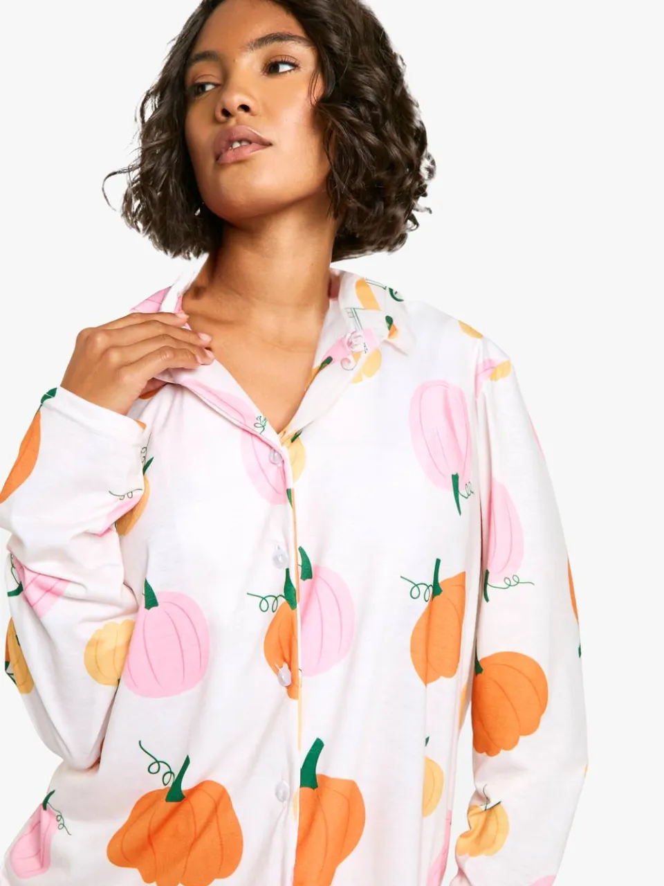 boohoo Dames Hoge Halloween Pompoenprint Lange Mouw Shirt & Broek Pyjama Set oranje, foto 4