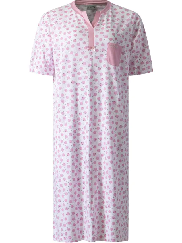 Lunatex dames nachthemd 224176 - korte mouw - 100% katoen - roze