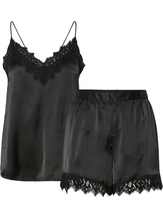 Pieces Dames Pyjama PCJENNA Nachtset Satijn Zwart