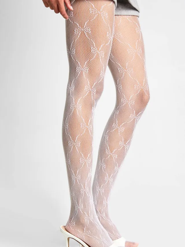 boohoo Dames Strik Bedrukte Visnet Panty's Wit