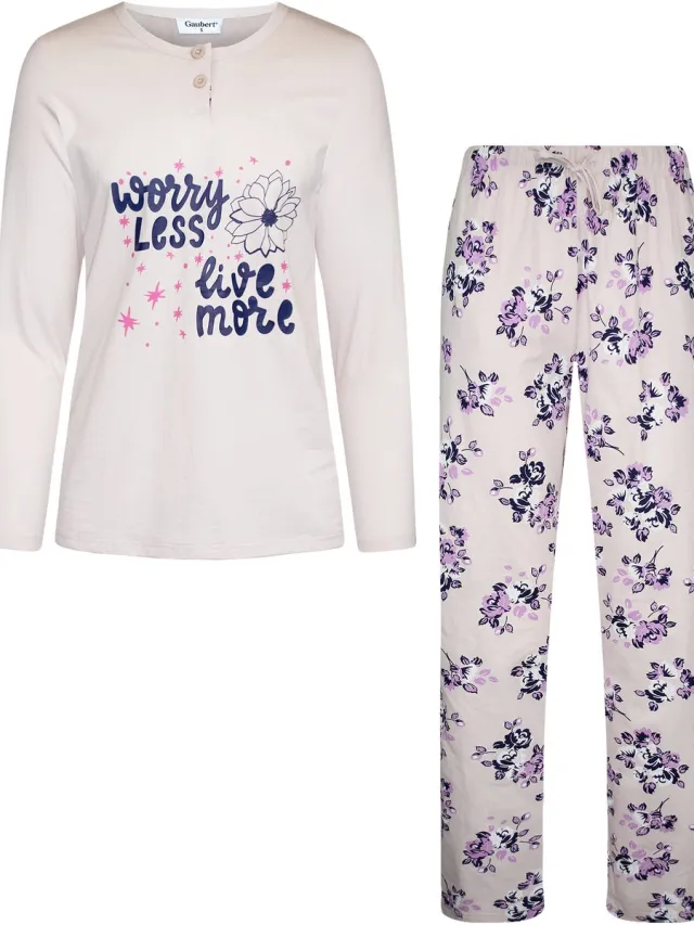GAUBERT Essential Dames Pyjama Lange Mouw - Broek met Zakken - Premium Gekamd Katoen - Worry Less Live More - Beige - GB-2909 Lange Mouw Pyjama, Beige, Worry Less Live More