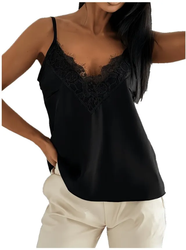 Currero Top Met Kant Dames - Topje - Kleding - Shirt - Blouse - Kort - Volwassen - Zwart
